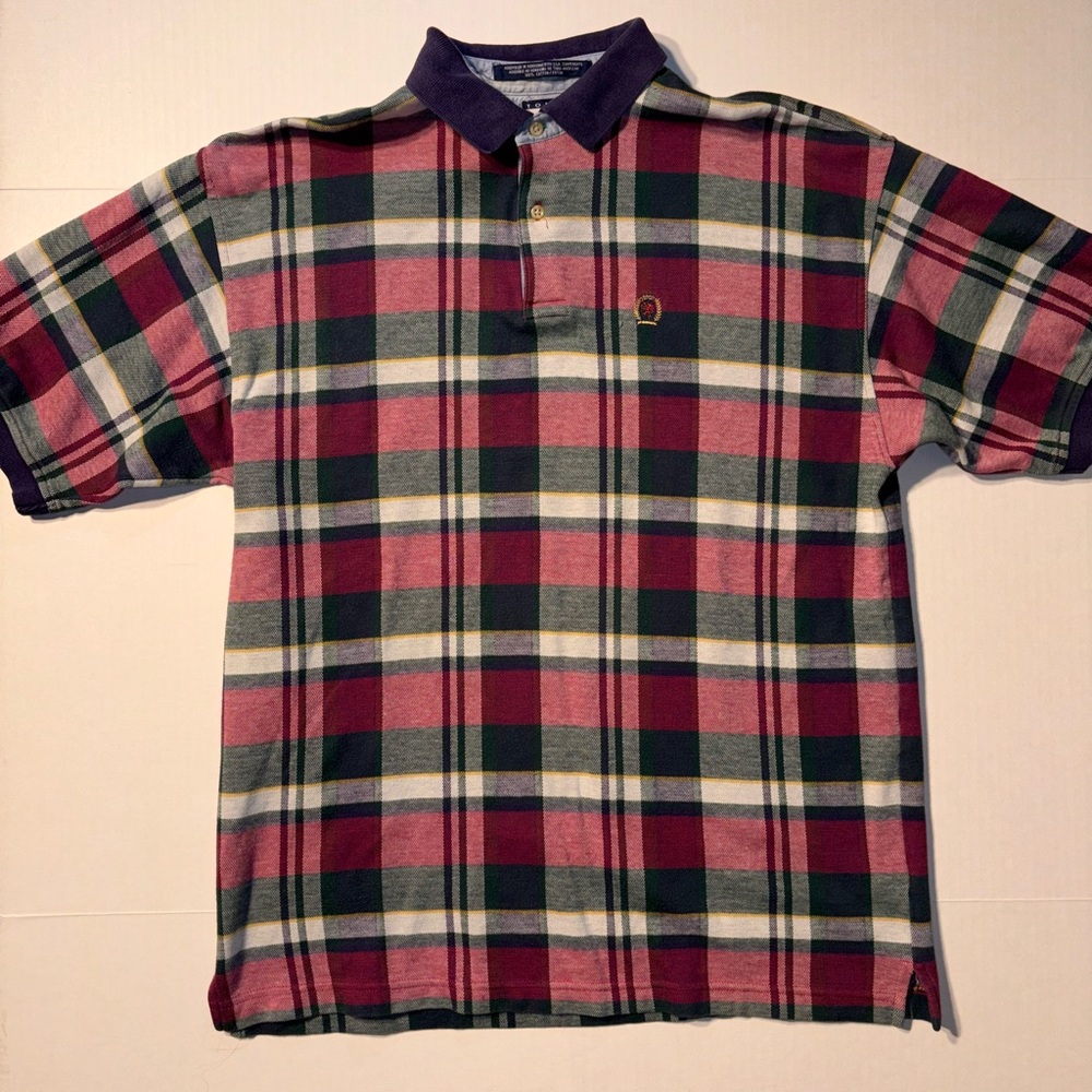 Vtg Tommy Hilfiger Red Plaid Polo Golf Button Up T-shirt 90’s Sz Large